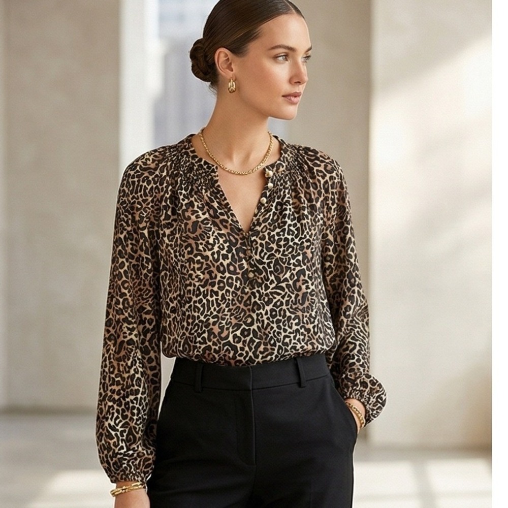 Lilly Pulitzer XS Elsa Leopard Print Silk Smocked Neck V Neck Blouse NEW RV$183
